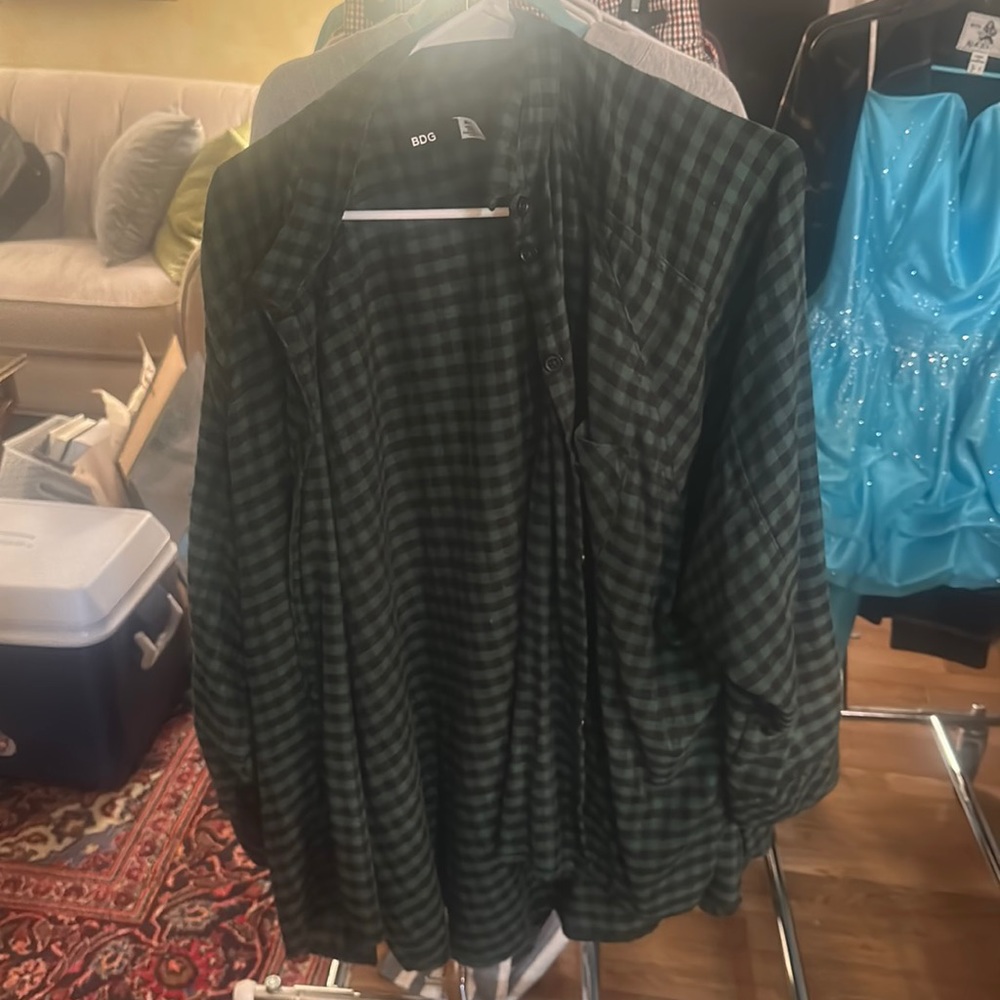 Black and green plaid relaxed button up